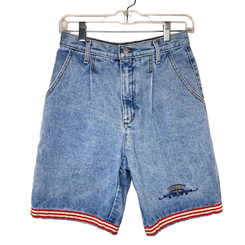 Guess Jean Shorts Womens 30 Blue Red Yellow‎ Ribbon High Waist Y2K American VTG